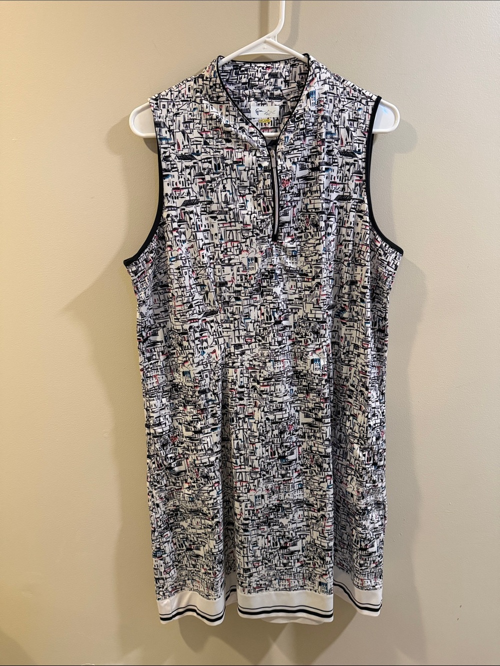 Guy Harvey Abstract Print Sleeveless Midi Dress in White, Black with Red Accents